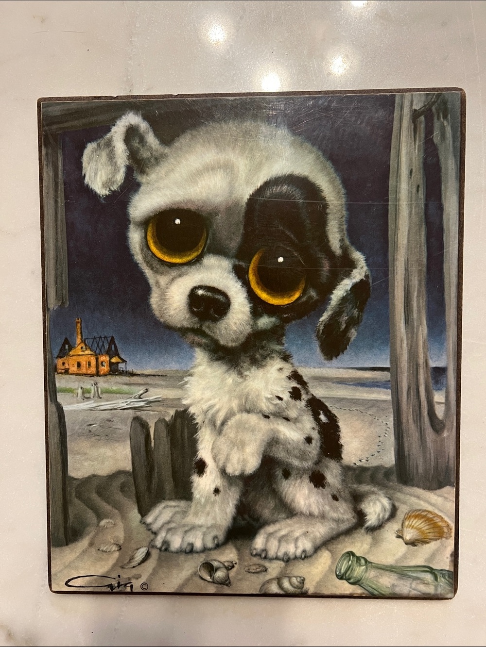 Vintage “Pity Puppy" lithograph print, mid-century artist Gig (Girard Goodenow)